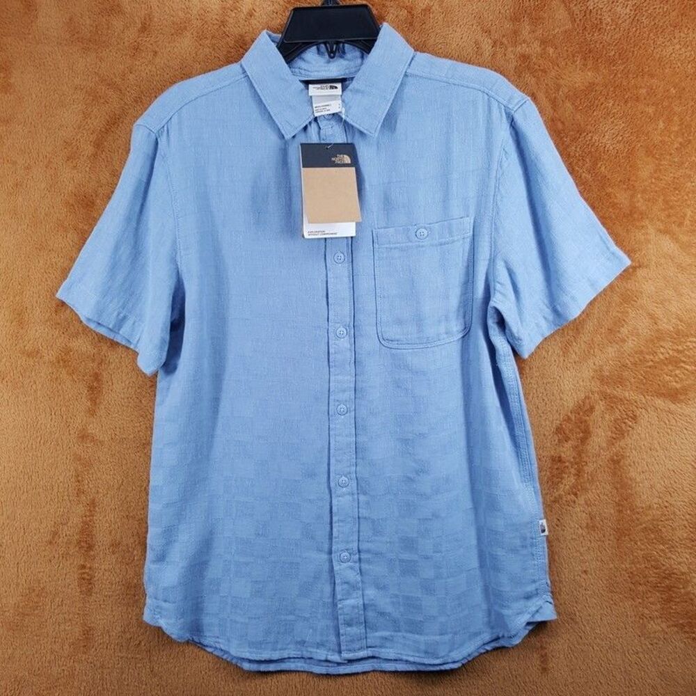 THE NORTH FACE Shirt Mens Medium Blue Button Up Cotton Hemp LOGHILL JACQUARD